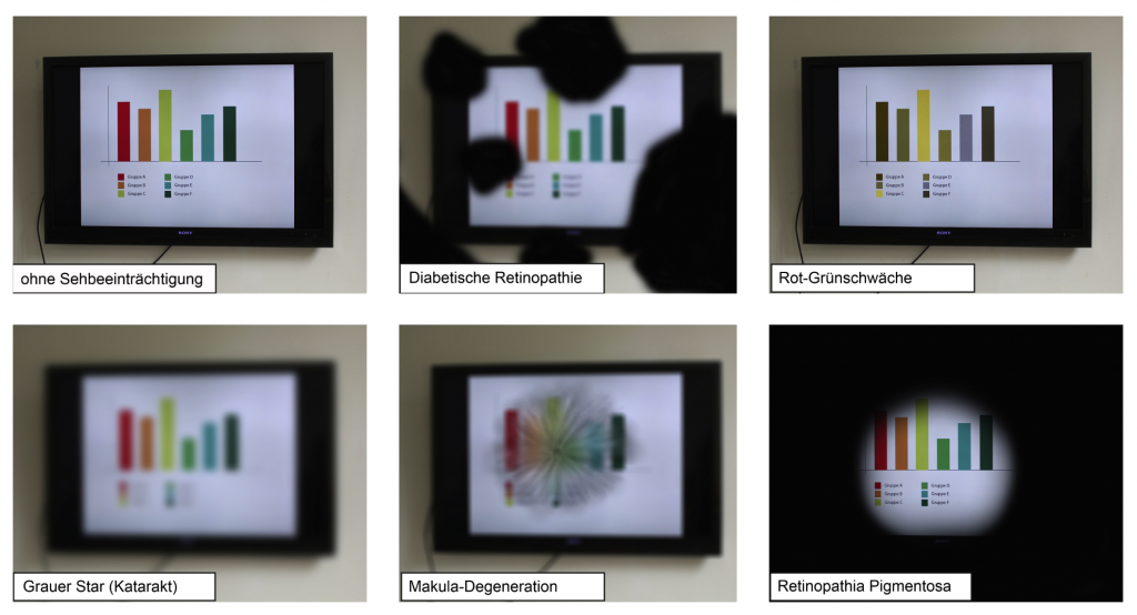 Das Bild zeigt 6 Screenshots von Simulationen bezüglich Sehbeinträchtigungen