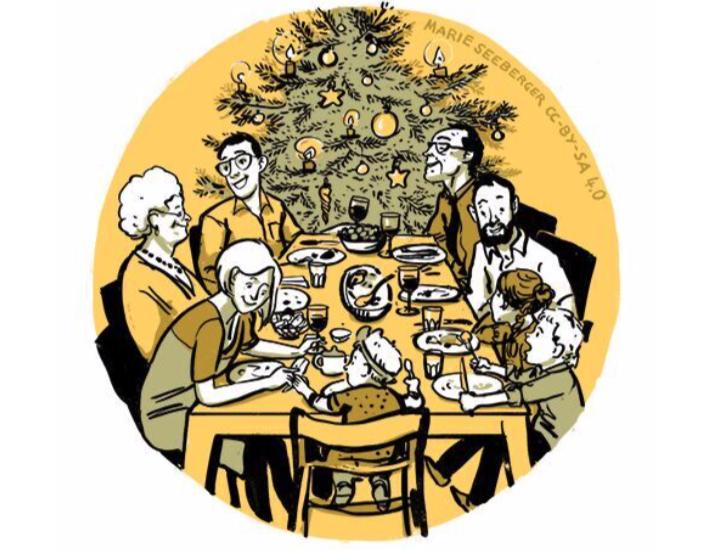 an illustration of a family, dining together on christmas
