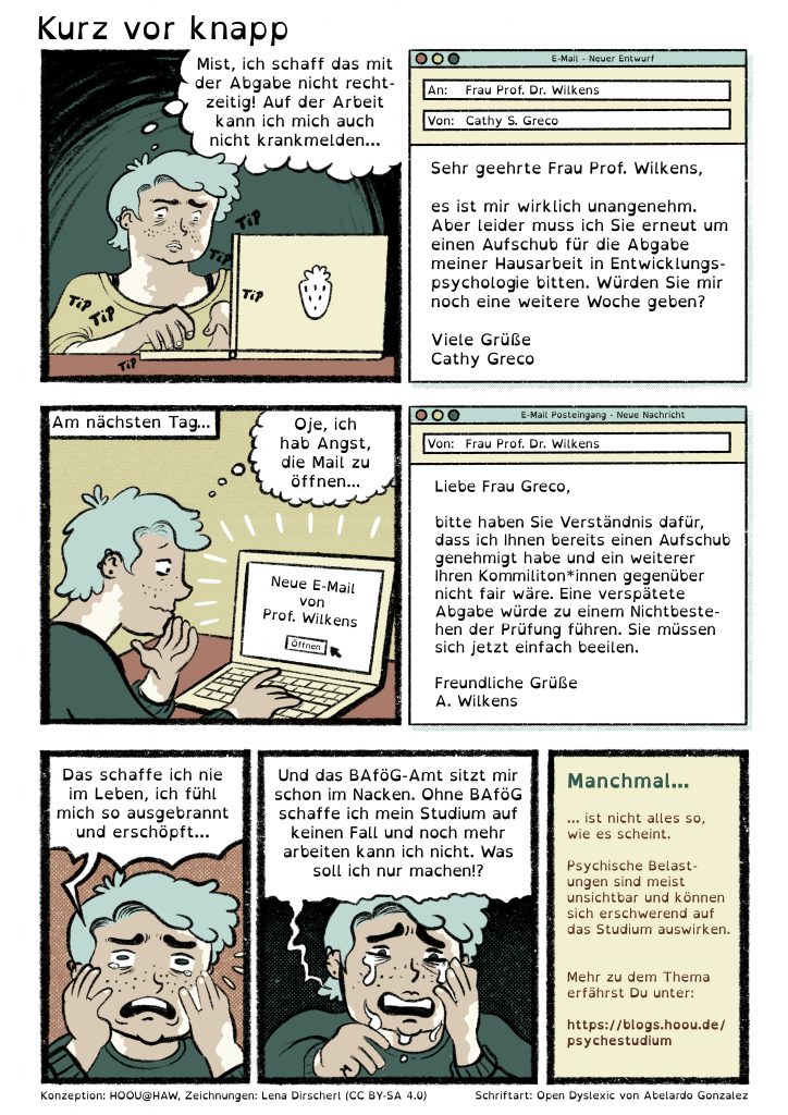 Visuelles Comic in Farbe über Herausforderungen im Studium. Ein Transkript des Comics für Screen Reader befindet sich unter dem visuellen Comic.
