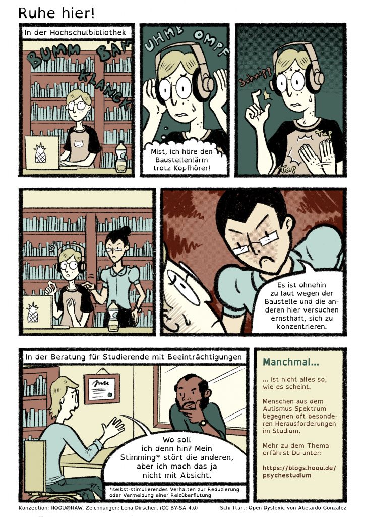 Visuelles Comic in Farbe über Herausforderungen im Studium. Ein Transkript des Comics für Screen Reader befindet sich unter dem visuellen Comic.